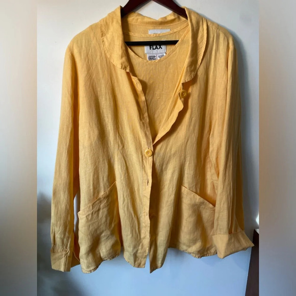 Rare FLAX|| Linen Canary Yellow Set. Short sleeve shirt and Jacket w/buttons  Sm - Picture 3 of 10
